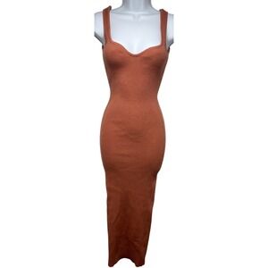 Beige Botany Maxi Dress Ribbed Knit Bodycon Small Rust